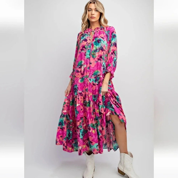 New Easel Ruby Pink Floral Maxi Dress - Picture 1 of 5